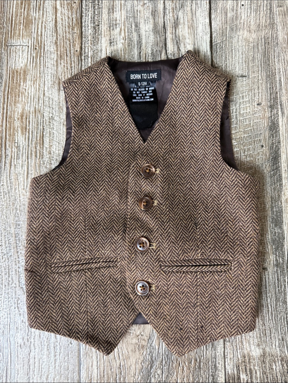Born to Love, Brown Herringbone Kids Vest, 6-12 Months